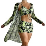 VEKDONE 3 Piece Swimsuit for Women 2025 Clearance Casual Print Drawstring Bikini and Short Pants Match Summer Long Sleeve Beach Cardigan Coat Army Green M